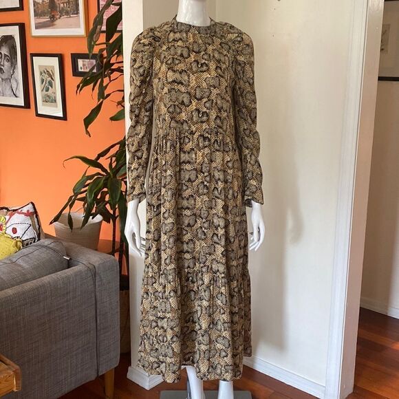 Zara Snakeskin Puff Sleeve Midi Dress Size Small - Picture 2 of 12